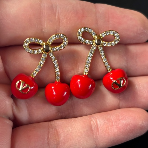 800. Elegant Red Cherry Earrings with Gold Tone and Crystal Accents